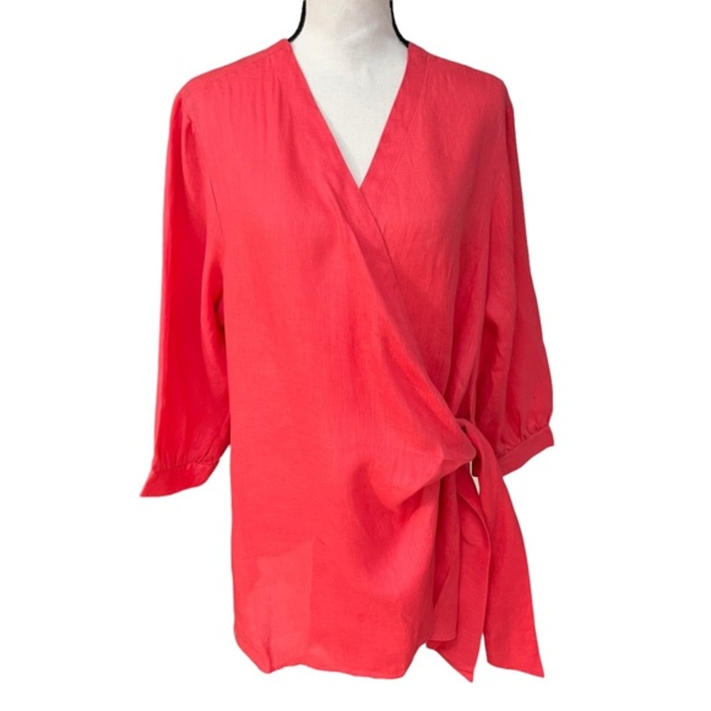 Neiman Marcus 100% linen deep salmon color wrap blouse size XL.